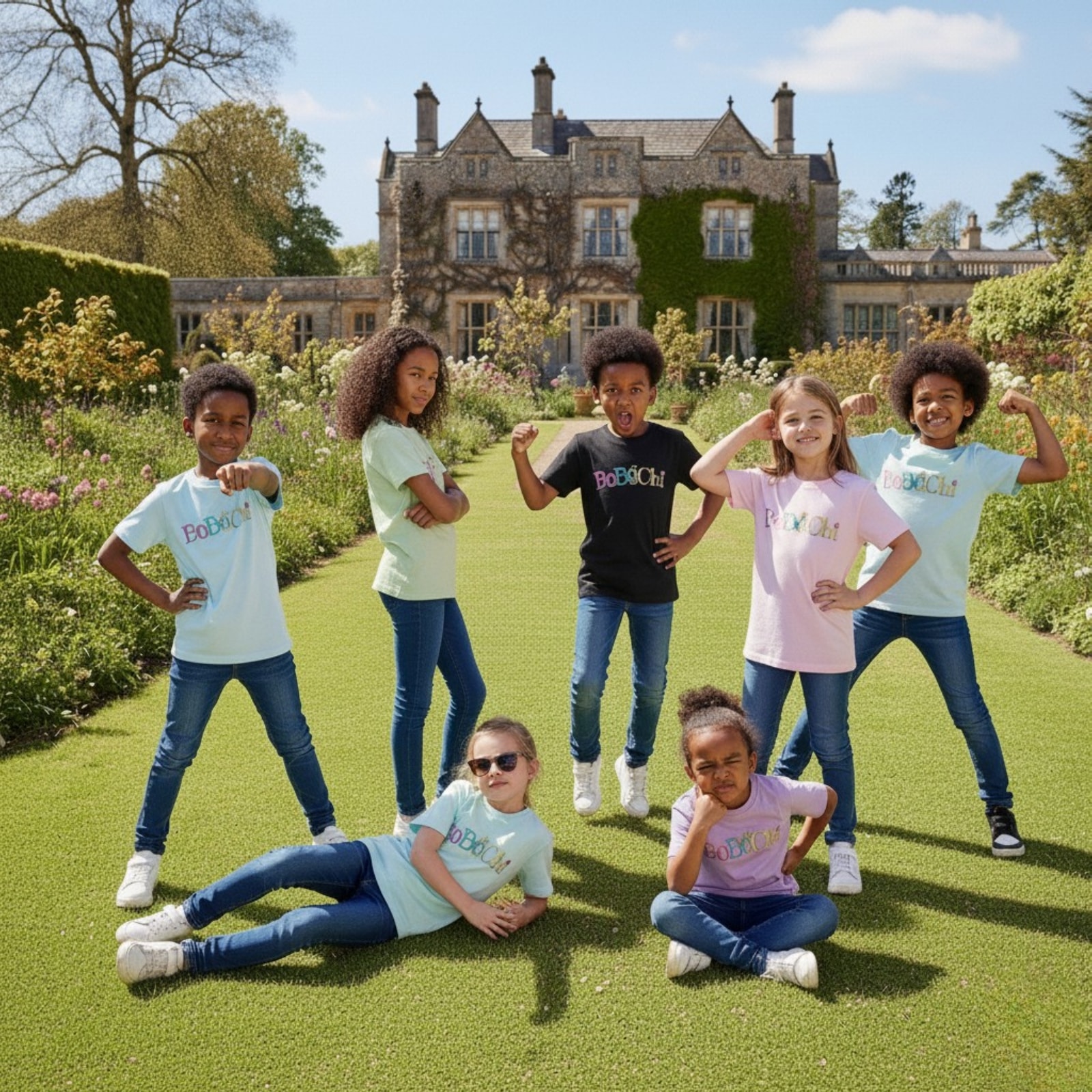 Kids posing in garden wearing colorful t-shirts